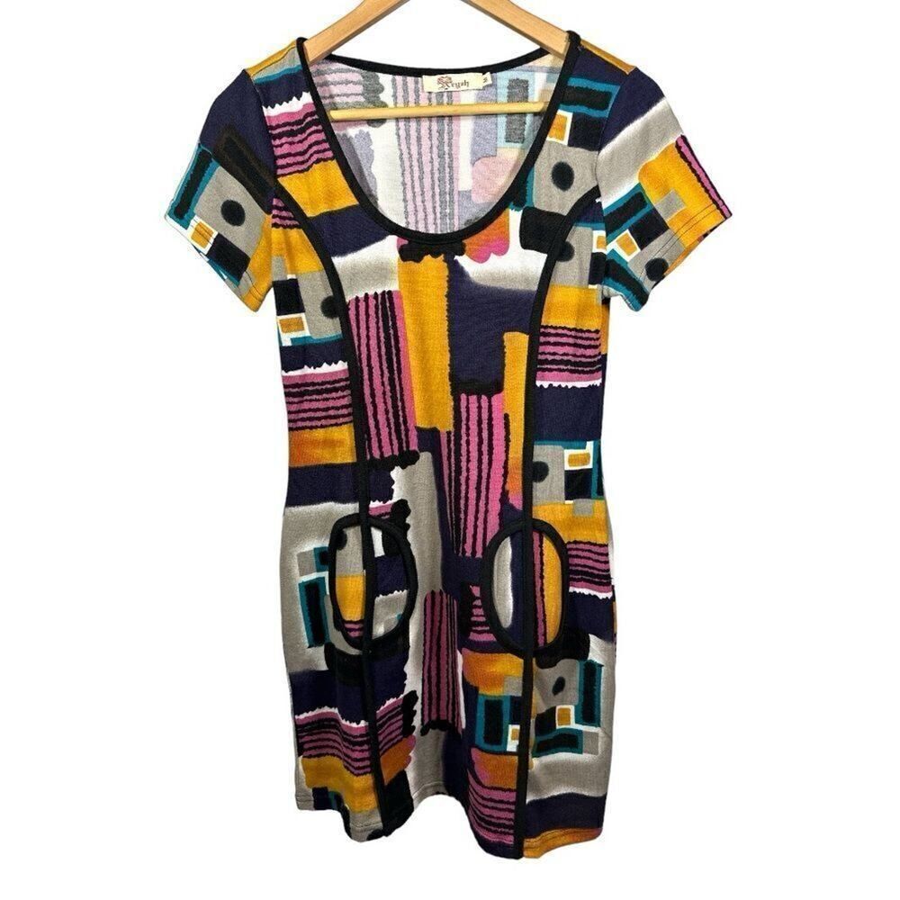 ARYEH Women's Abstract Stripe Short Sleeve Mini Shift Dress Orange/Pink Medium